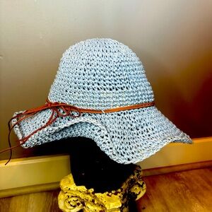 Blue Hat Loose Weave Leather Detail Adjustable Band Floppy Style Shaping Wires